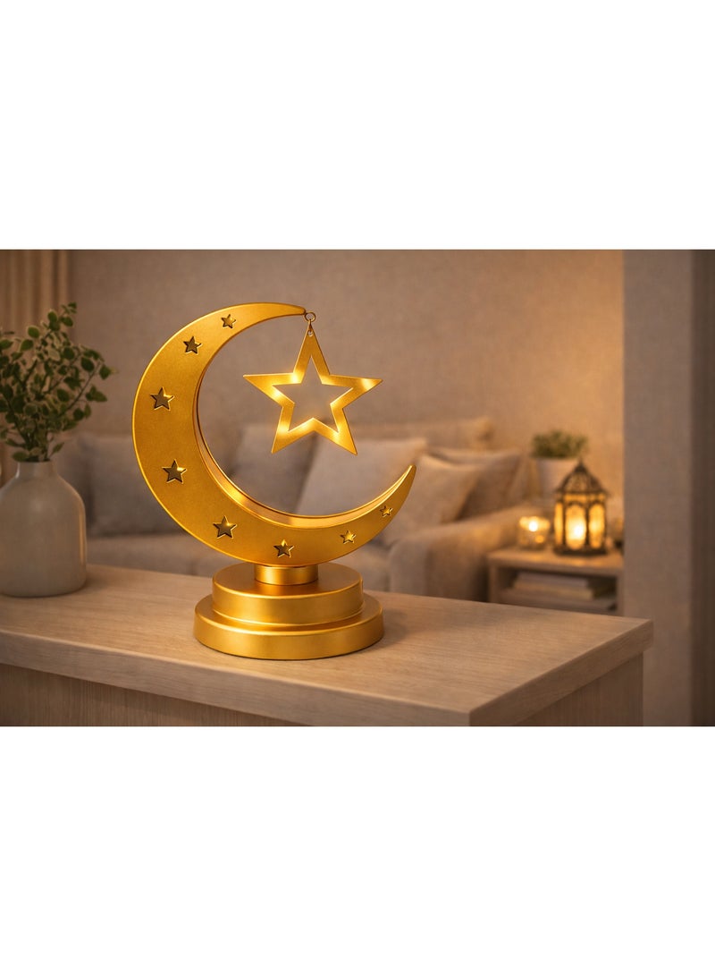 Home Care مصباح طاولة هلال ونجمة ذهبية معدنية مزخرفة لرمضان والعيد - Image 5